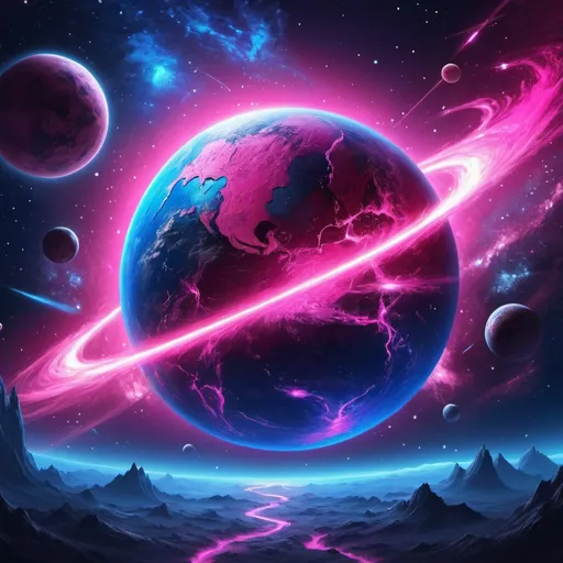 Prompt: Make outer space with a planet, the planet is bright neon pink and mysterious, painting, blue stars, Saturn rings around it, hyper realistic, hyper detailed, perfect, wallpaper, dark space, masterpiece,  MilkyWay background 