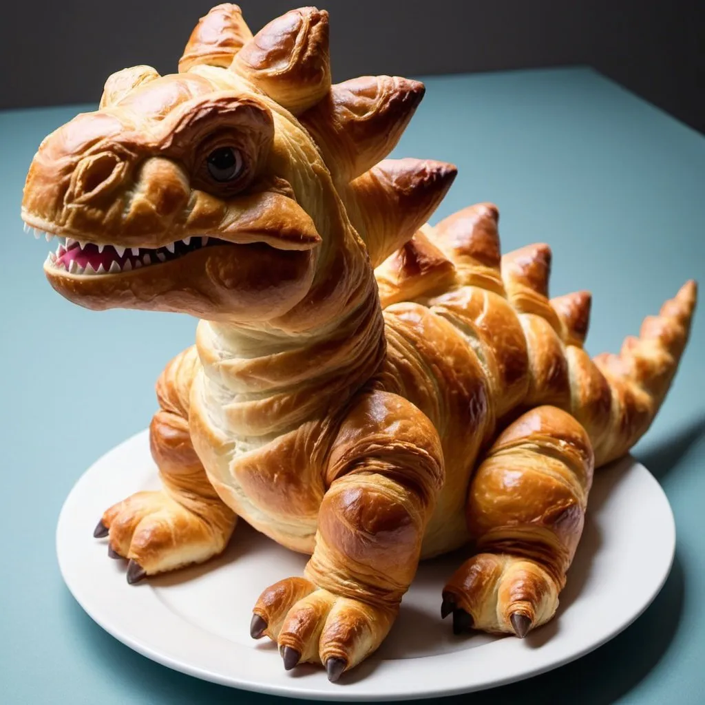 Prompt: Create a dinossaur made of croissant. It should be seating on a plate on a dinner table 