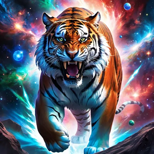 Prompt: Intimidating tiger god made of cosmic energy, white blue black red and green, Galaxy, Magic: The Gathering Art-style, hyper realistic, hyper detailed 