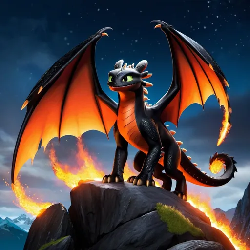 Prompt: Make hookfang from how to train your dragon, on fire, intimidating, hyper realistic, hyper detailed, standing on a rock, glowing with fire, night sky