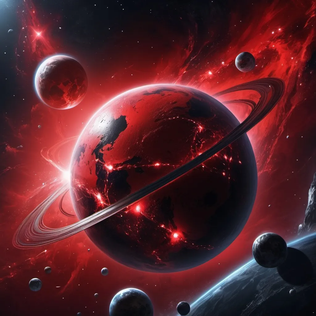 Prompt: Make outer space with a planet, the planet is red and with some mysterious black on it as well, painting, red stars, Saturn rings around it, hyper realistic, hyper detailed, perfect, wallpaper, dark space, masterpiece, 
