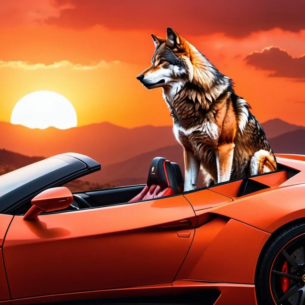 Prompt: Make a wolf sitting, hyper realistic, hyper detailed, sitting in a red lamborghini car, sunset sky is orange sky, 4k, UHG