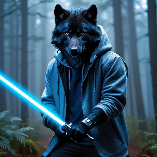 Prompt: Anthapamorphic black wolf, standing in a battle stance, primary weapon is holding a blue lightsaber, wearing a grey hoodie, hyper realistic, hyper detailed, night, foggy forest background, 4k, UGH