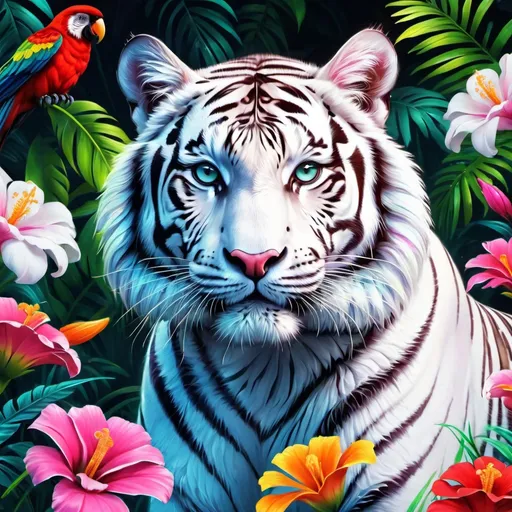 Prompt: Make a neon white tiger, neon colorful forest, tiger is bright and glowing, beautiful flowers, hyper realistic, hyper detailed, painting, masterpiece, wallpaper, more flowers, some humming birds, some red parrots, colorful,