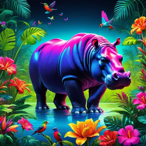 Prompt: Make a neon hippopotamus, neon colorful forest, tiger is bright and glowing, beautiful flowers, hyper realistic, hyper detailed, painting, masterpiece, wallpaper, more flowers, some humming birds, some red parrots, colorful