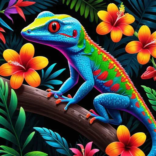 Prompt: Make a neon gecko, colorful forest, neon gecko is bright and glowing, beautiful flowers, hyper realistic, hyper detailed, painting, masterpiece, wallpaper, more flowers, some humming birds, some red parrots, colorful