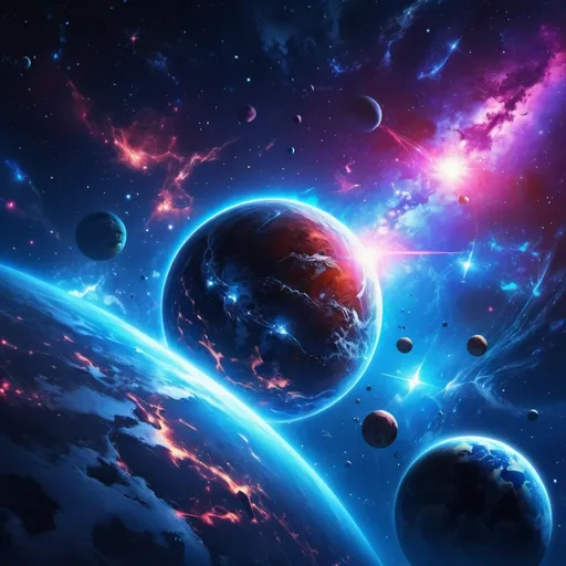 Prompt: Make outer space with a planet, the planet is bright neon and mysterious, painting, blue stars, Saturn rings around it, hyper realistic, hyper detailed, perfect, wallpaper, dark space, masterpiece,  MilkyWay background 