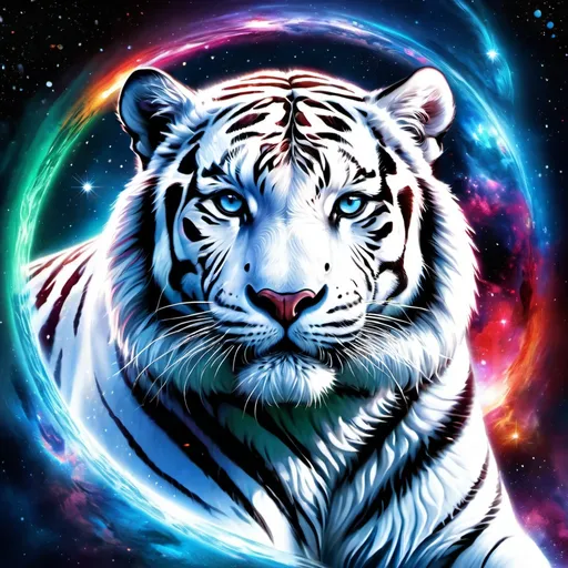 Prompt: Intimidating white Siberian tiger god made of cosmic energy, white blue black red and green, Galaxy, more background, Magic: The Gathering Art-style, hyper realistic, hyper detailed, more background
