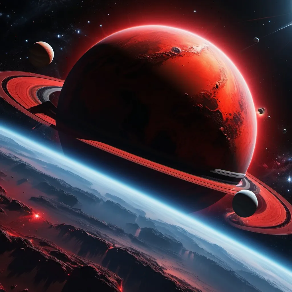 Prompt: Make outer space with a planet, the planet is red and with some mysterious black on it as well, painting, red stars, Saturn rings around it, hyper realistic, hyper detailed, perfect, wallpaper, dark space, masterpiece 