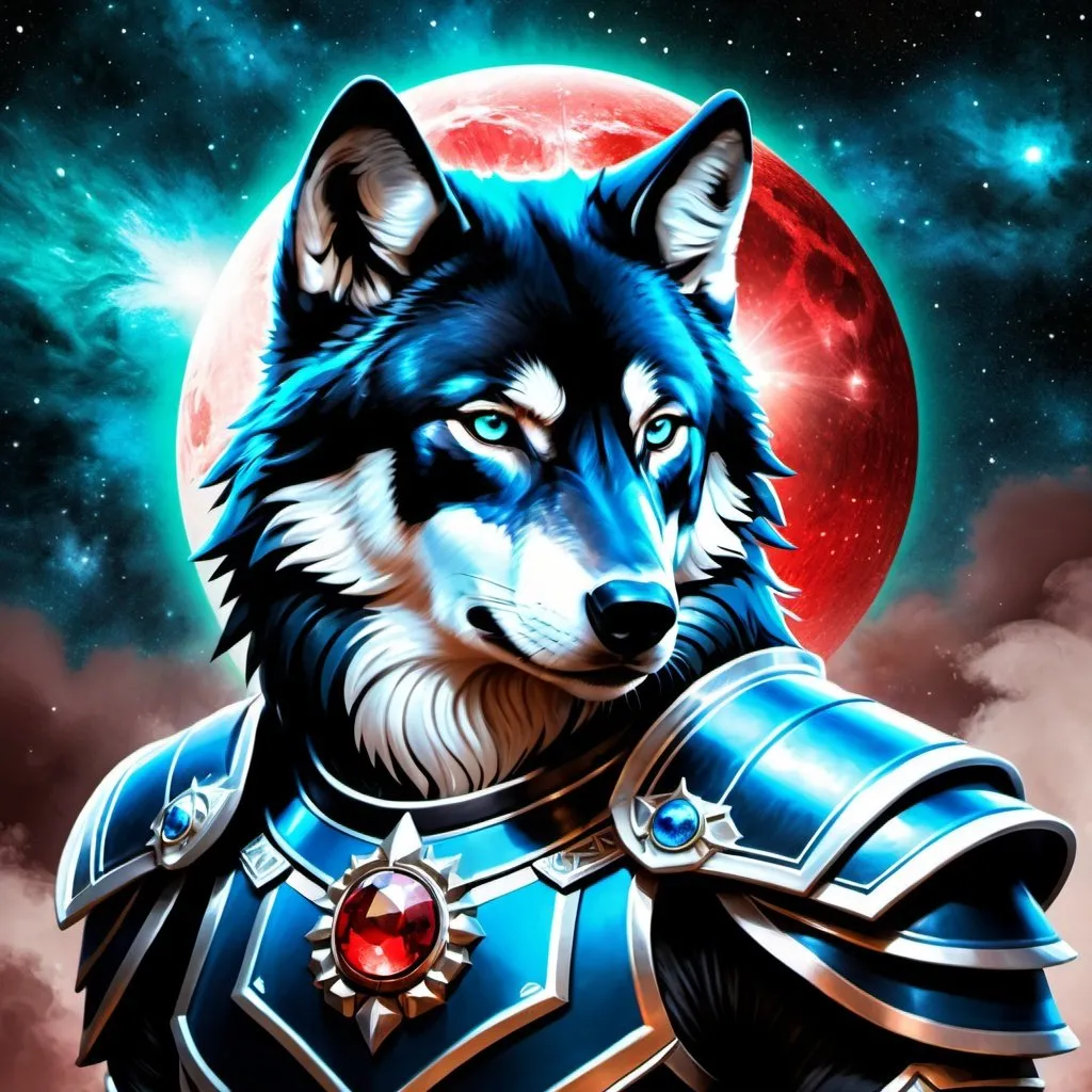 Prompt: Intimidating black wolf god made of cosmic energy, the arctic wolf is wearing armor, white blue black red and green, Galaxy, Magic: blood moon, The Gathering Art-style, hyper realistic, hyper detailed 