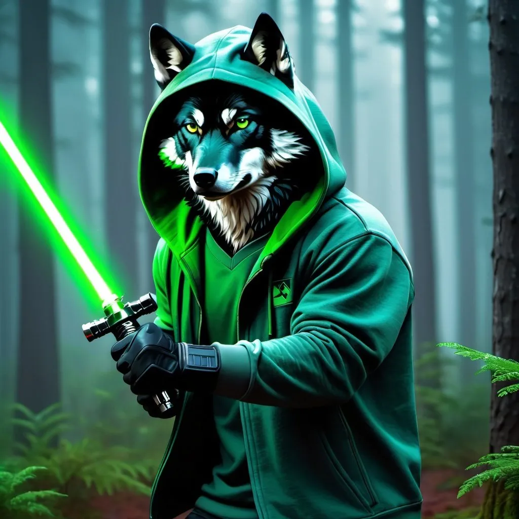 Prompt: Anthapamorphic black wolf, standing in a battle stance, primary weapon is holding a green lightsaber, wearing a grey hoodie, hyper realistic, hyper detailed, night, foggy forest background, 4k, UGH