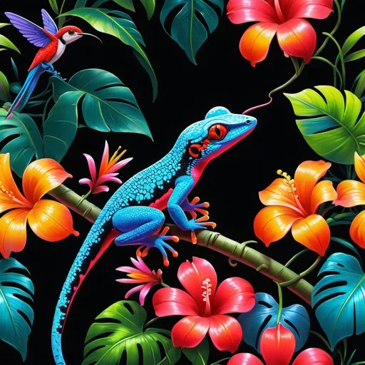 Prompt: Make a neon gecko, colorful forest, neon gecko is bright and glowing, beautiful flowers, hyper realistic, hyper detailed, painting, masterpiece, wallpaper, more flowers, some humming birds, some red parrots, colorful