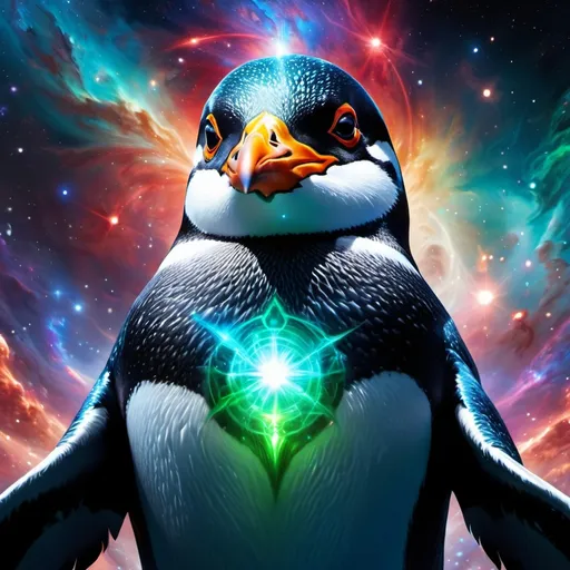 Prompt: Intimidating Penguin God made of cosmic energy, white blue black red and green, Galaxy, Magic: The Gathering Art-style, hyper realistic, hyper detailed 