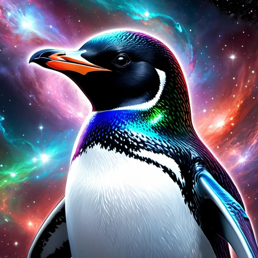 Prompt: Intimidating Penguin God made of cosmic energy, white blue black red and green, Galaxy, Magic: The Gathering Art-style, hyper realistic, hyper detailed 