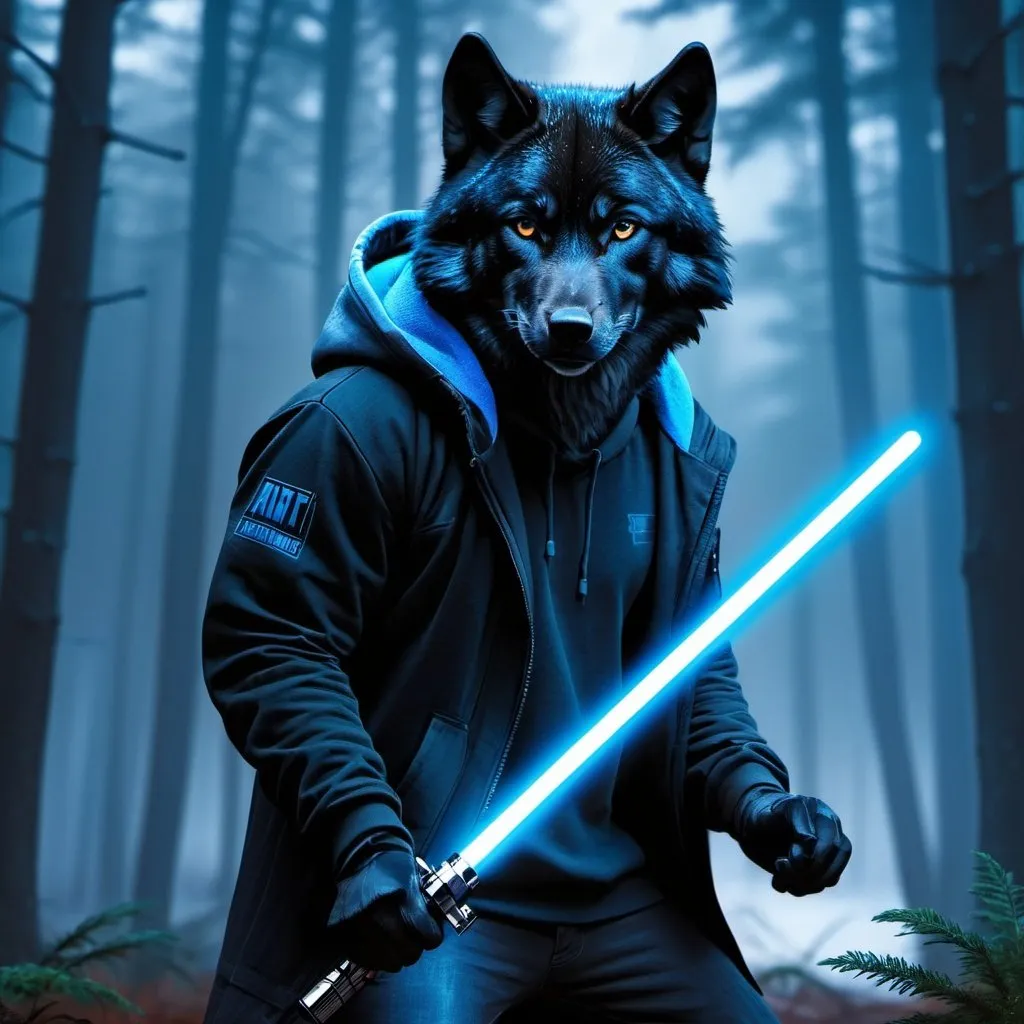 Prompt: Anthapamorphic black wolf, standing in a battle stance, primary weapon is holding a blue lightsaber, wearing a grey hoodie, hyper realistic, hyper detailed, night, foggy forest background, 4k, UGH