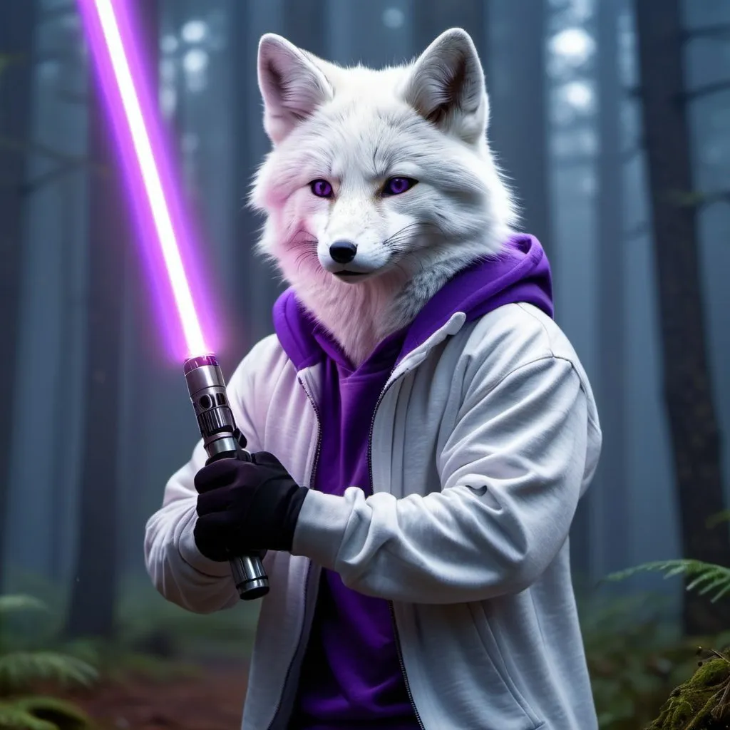 Prompt: Anthapamorphic white fox standing in a battle stance, primary weapon is holding a purple lightsaber, wearing a grey hoodie, hyper realistic, hyper detailed, night, foggy forest background, 4k, UGH