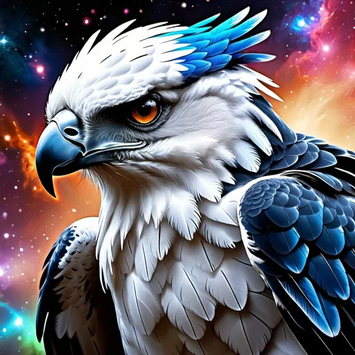 Prompt: Intimidating Harpy eagle god made of cosmic energy, armor with a few glowing powerful gems white blue black red and green, Galaxy, Magic: The Gathering Art-style, hyper realistic, hyper detailed 