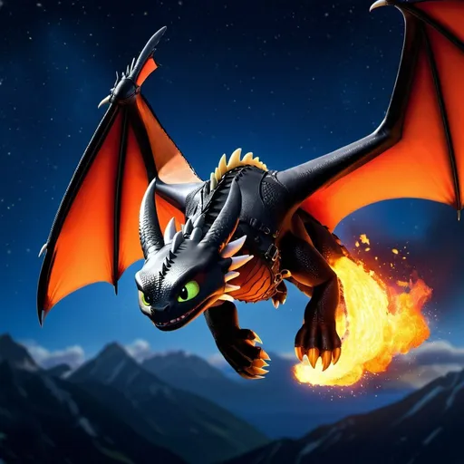 Prompt: Make hookfang from how to train your dragon, blew eyes, on fire, intimidating, hyper realistic, hyper detailed, flying, glowing with fire, night sky