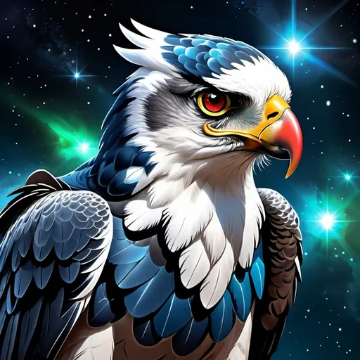 Prompt: Intimidating Harpy eagle god made of cosmic energy, armor with a few glowing powerful gems white blue black red and green, Galaxy, Magic: The Gathering Art-style, hyper realistic, hyper detailed 