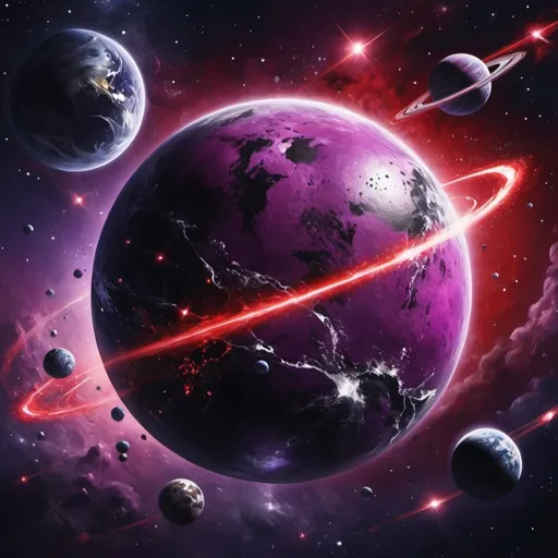 Prompt: Make outer space with a planet, the planet is purple and with some mysterious black and white on it as well, painting, red stars, Saturn rings around it, hyper realistic, hyper detailed, perfect, wallpaper, dark space, masterpiece, 