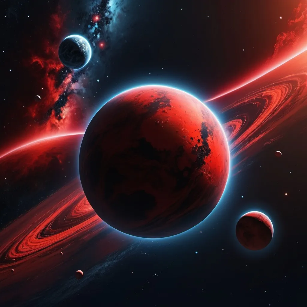 Prompt: Make outer space with a planet, the planet is red and with some mysterious black on it as well, painting, red stars, a bit of a red glow from the planet, hyper realistic, hyper detailed, perfect, wallpaper, dark space, masterpiece 