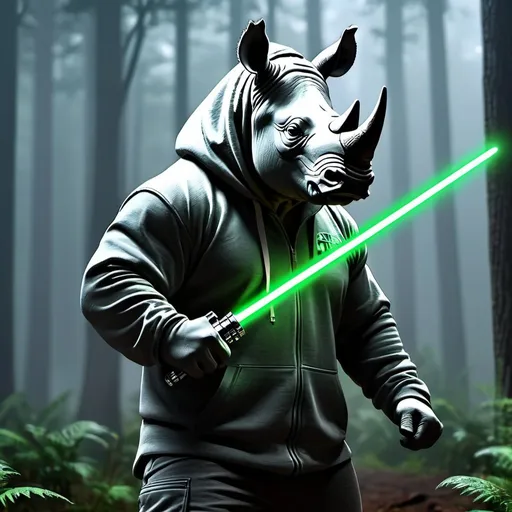 Prompt: Anthapamorphic rhino, standing in a battle stance, primary weapon is holding a green lightsaber, wearing a grey hoodie, hyper realistic, hyper detailed, night, foggy forest background, 4k, UGH