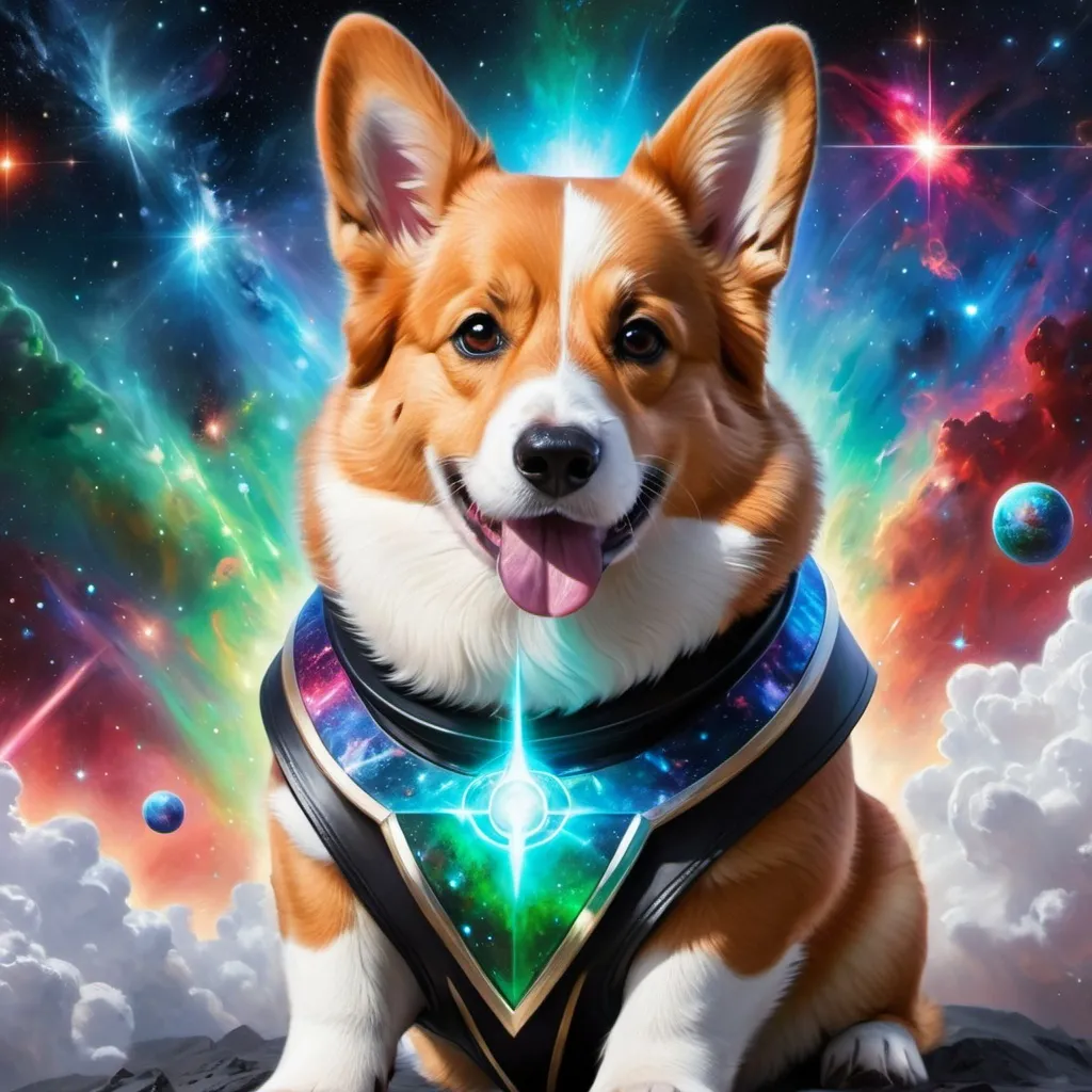 Prompt: Intimidating corgi god made of cosmic energy, white blue black red and green, Galaxy, Magic: The Gathering Art-style, hyper realistic, hyper detailed 