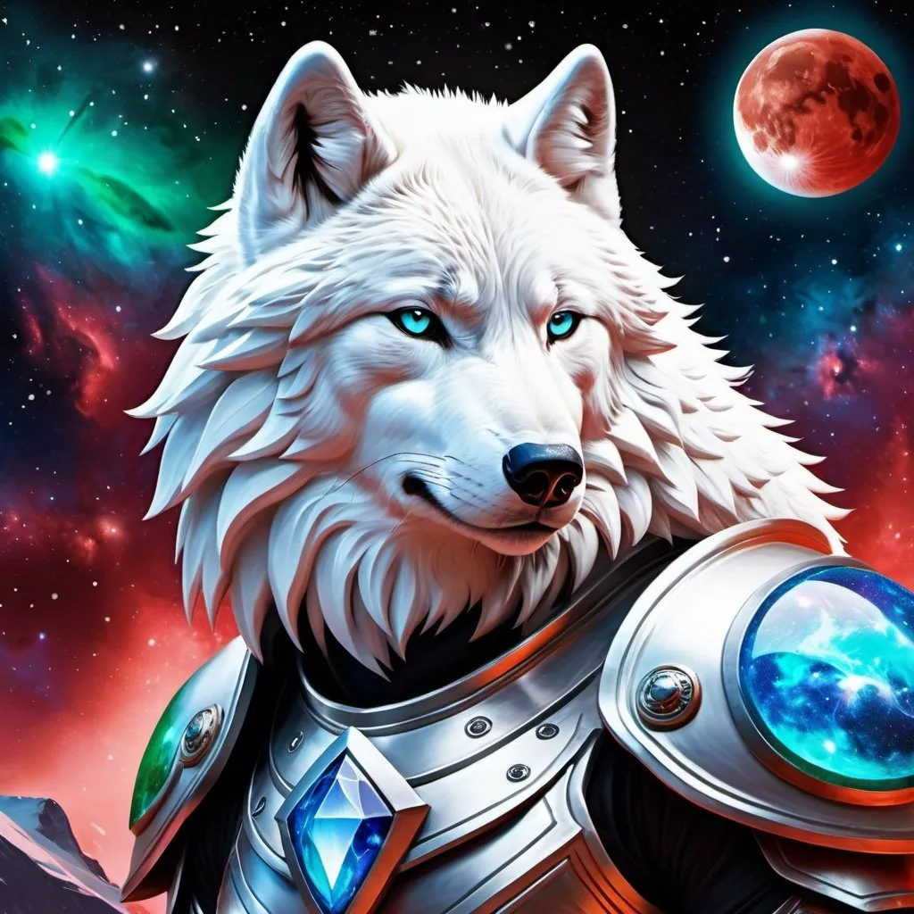 Prompt: Intimidating arctic wolf god made of cosmic energy, the arctic wolf is wearing armor, white blue black red and green, Galaxy, Magic: blood moon, The Gathering Art-style, hyper realistic, hyper detailed 