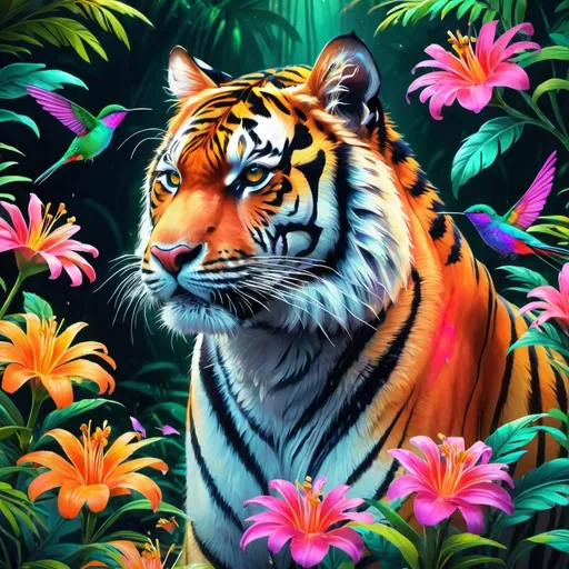 Prompt: Make a neon tiger, neon colorful forest, tiger is bright and glowing, beautiful flowers, hyper realistic, hyper detailed, painting, masterpiece, wallpaper, more flowers, some humming birds, 