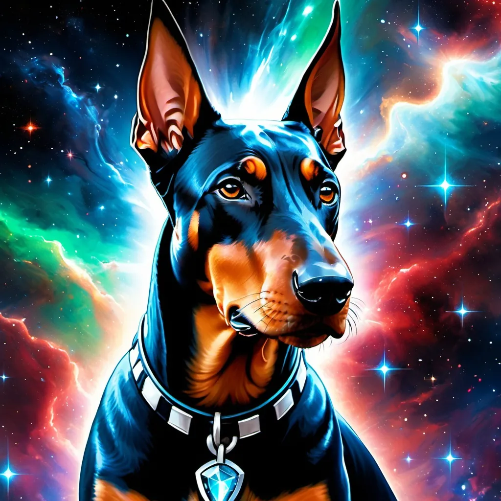 Prompt: Intimidating Doberman pincher god made of cosmic energy, white blue black red and green, Galaxy, Magic: The Gathering Art-style, hyper realistic, hyper detailed 