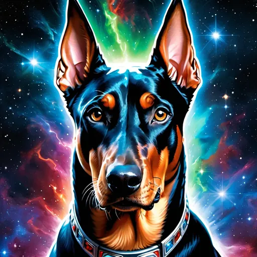 Prompt: Intimidating Doberman pincher god made of cosmic energy, white blue black red and green, Galaxy, Magic: The Gathering Art-style, hyper realistic, hyper detailed 