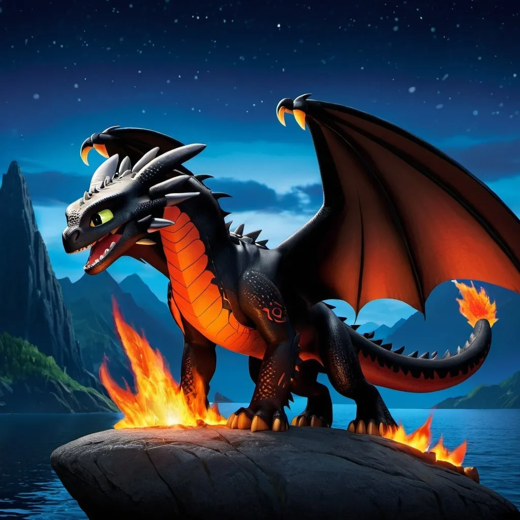 Prompt: Make hookfang from how to train your dragon, on fire, intimidating, hyper realistic, hyper detailed, standing on a rock, glowing with fire, night sky