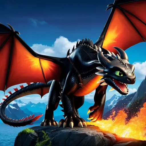 Prompt: Make hookfang from how to train your dragon, on fire, intimidating, hyper realistic, hyper detailed, standing on a rock, glowing with fire, night sky, 