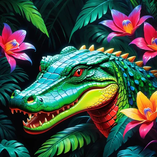 Prompt: Make a neon Crocodile, colorful forest, neon crocodile is bright and glowing, beautiful flowers, hyper realistic, hyper detailed, painting, masterpiece, wallpaper, more flowers, some humming birds, some red parrots, colorful