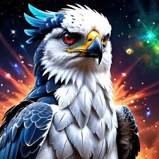 Prompt: Intimidating Harpy eagle god made of cosmic energy, armor with a few glowing powerful gems white blue black red and green, Galaxy, Magic: The Gathering Art-style, hyper realistic, hyper detailed 