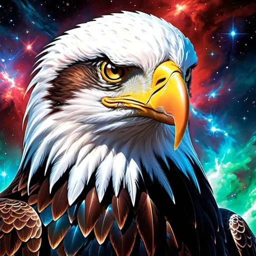 Prompt: Intimidating eagle god made of cosmic energy, white blue black red and green, Galaxy, more background, Magic: The Gathering Art-style, hyper realistic, hyper detailed, more background