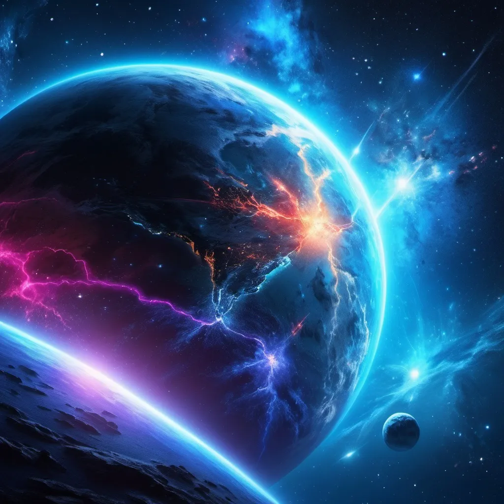 Prompt: Make outer space with a planet, the planet is bright neon and mysterious, painting, blue stars, Saturn rings around it, hyper realistic, hyper detailed, perfect, wallpaper, dark space, masterpiece,  MilkyWay background, add a  sspacesip from Star Trek, the spaceship is realistic and detailed, 