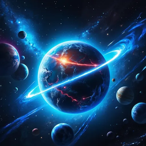 Prompt: Make outer space with a planet, the planet is bright neon and mysterious, painting, blue stars, Saturn rings around it, hyper realistic, hyper detailed, perfect, wallpaper, dark space, masterpiece,  MilkyWay background 
