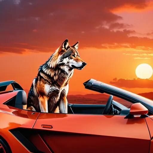 Prompt: Make a wolf sitting, hyper realistic, hyper detailed, sitting in a red lamborghini car, sunset sky is orange sky, 4k, UHG