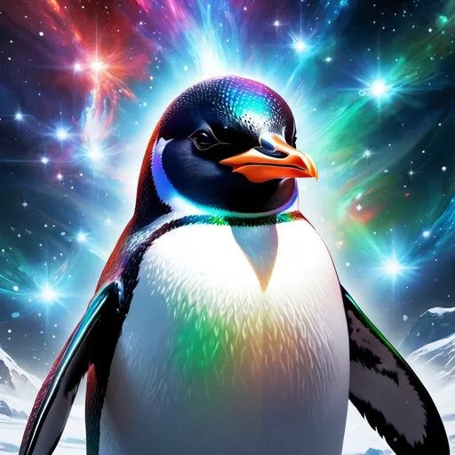 Prompt: Intimidating Penguin God made of cosmic energy, white blue black red and green, Galaxy, Magic: The Gathering Art-style, hyper realistic, hyper detailed 