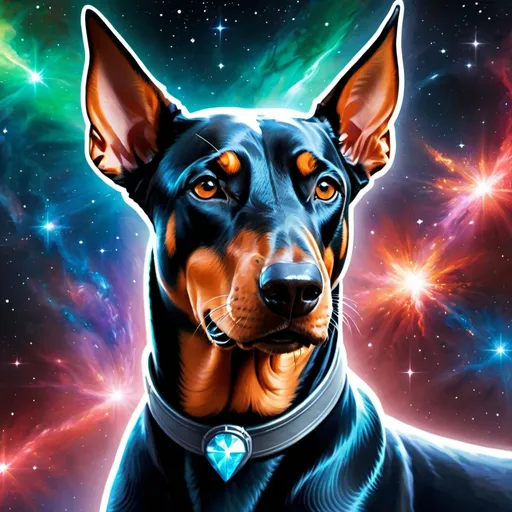 Prompt: Intimidating Doberman pincher god made of cosmic energy, white blue black red and green, Galaxy, Magic: The Gathering Art-style, hyper realistic, hyper detailed 