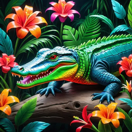 Prompt: Make a neon alligator, colorful forest, neon alligator is bright and glowing, beautiful flowers, hyper realistic, hyper detailed, painting, masterpiece, wallpaper, more flowers, some humming birds, some red parrots, colorful