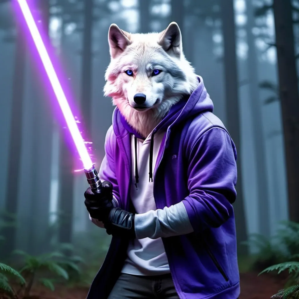 Prompt: Anthapamorphic white wolf, standing in a battle stance, primary weapon is holding a purple lightsaber, wearing a grey hoodie, hyper realistic, hyper detailed, night, foggy forest background, 4k, UGH