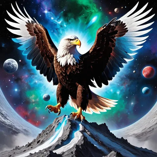 Prompt: Intimidating eagle god made of cosmic energy, standing on the moon surface, white blue black red and green, Galaxy, more background, Magic: The Gathering Art-style, hyper realistic, hyper detailed, more background