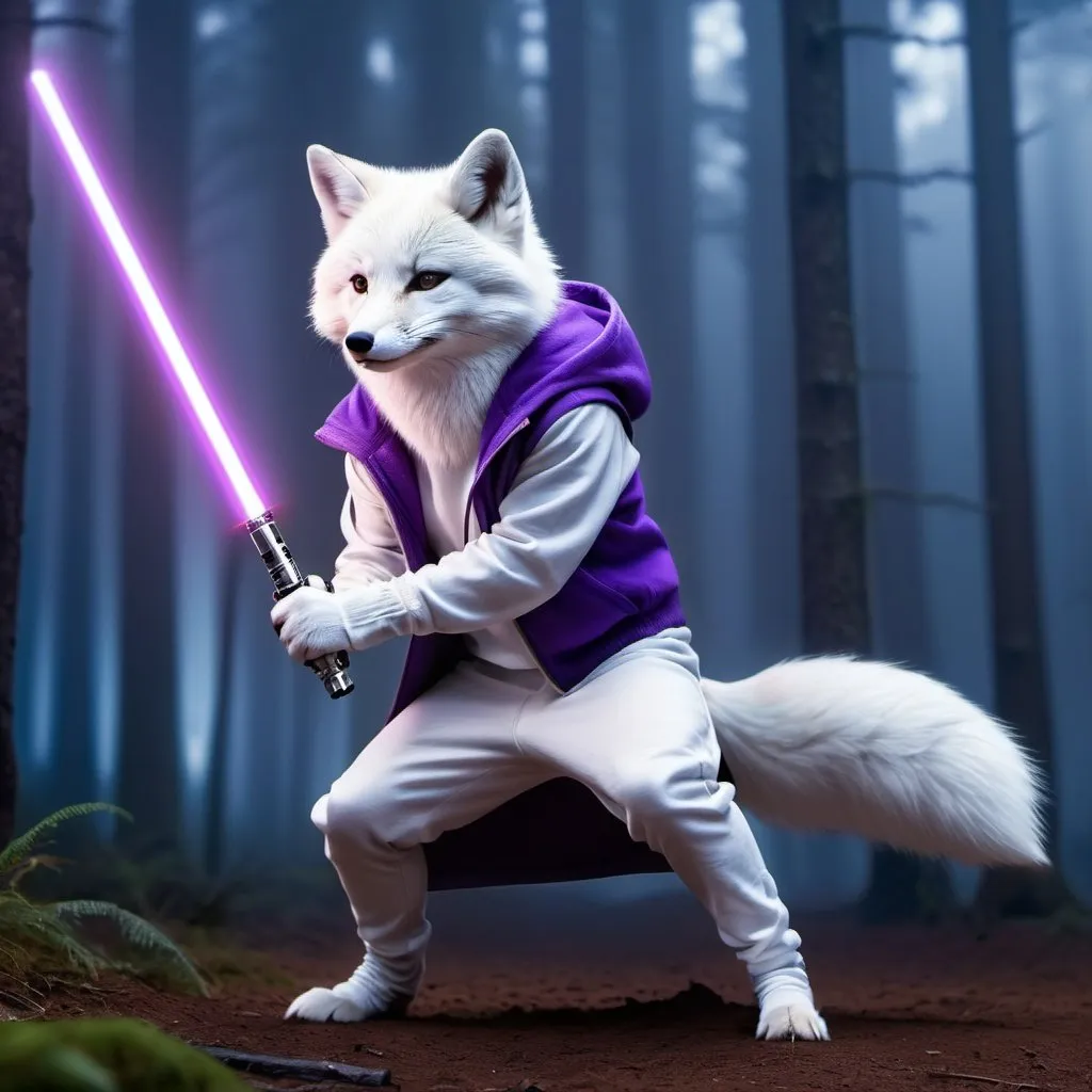 Prompt: Anthapamorphic white fox standing in a battle stance, primary weapon is holding a purple lightsaber, wearing a grey hoodie, hyper realistic, hyper detailed, night, foggy forest background, 4k, UGH