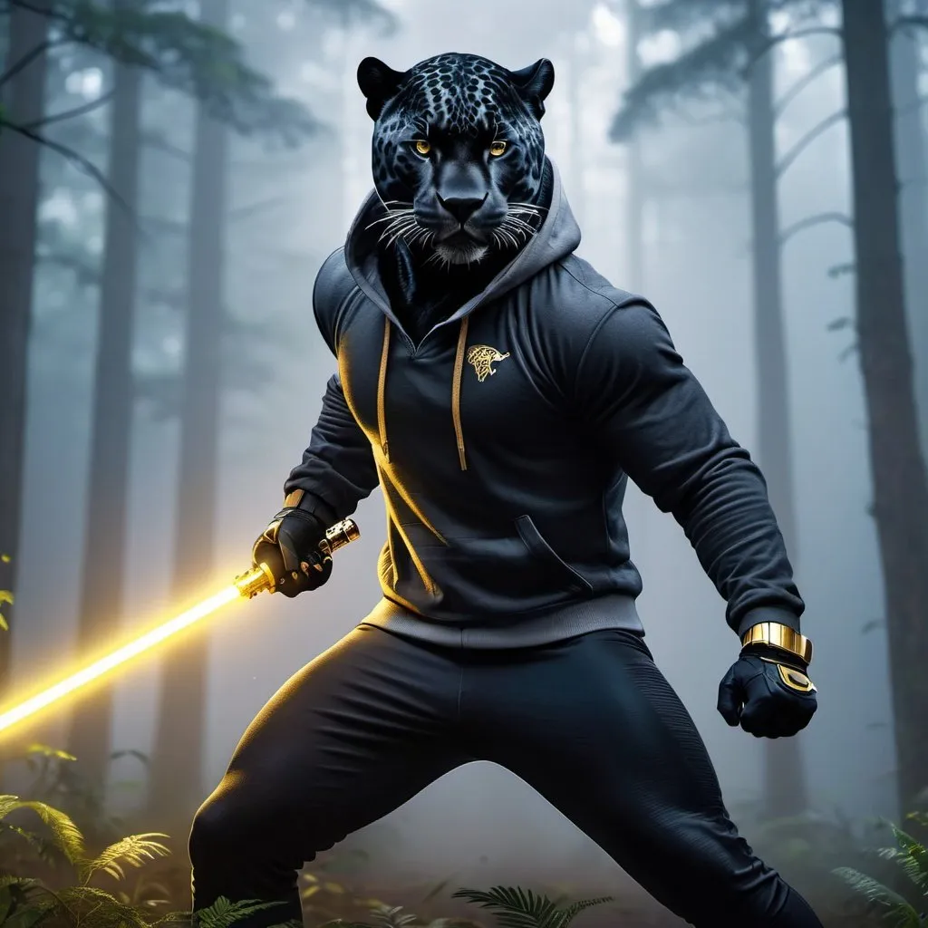 Prompt: Anthapamorphic black jaguar, standing in a battle stance, primary weapon is holding a gold lightsaber, wearing a grey hoodie, hyper realistic, hyper detailed, night, foggy forest background, 4k, UGH