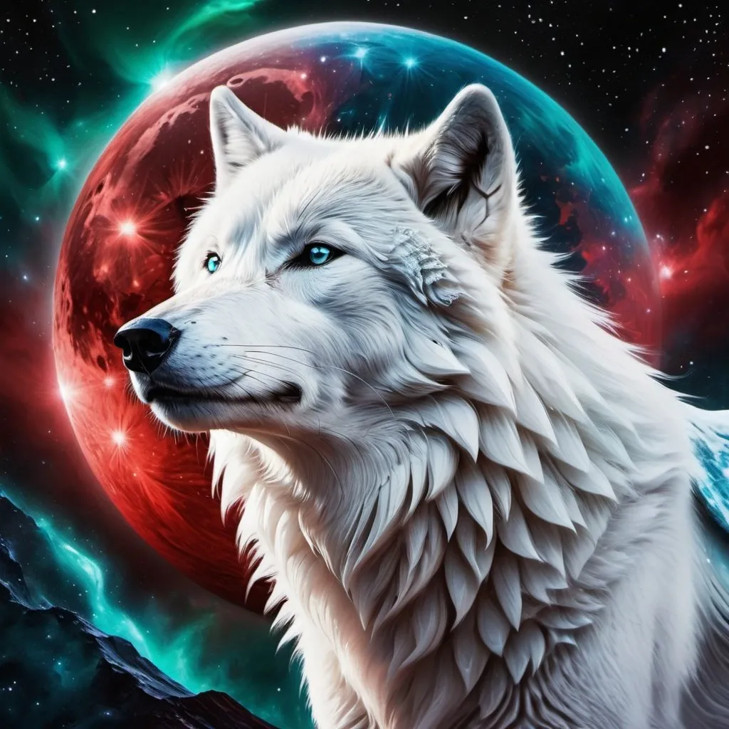 Prompt: Intimidating arctic wolf god made of cosmic energy, white blue black red and green, Galaxy, Magic: blood moon, The Gathering Art-style, hyper realistic, hyper detailed 