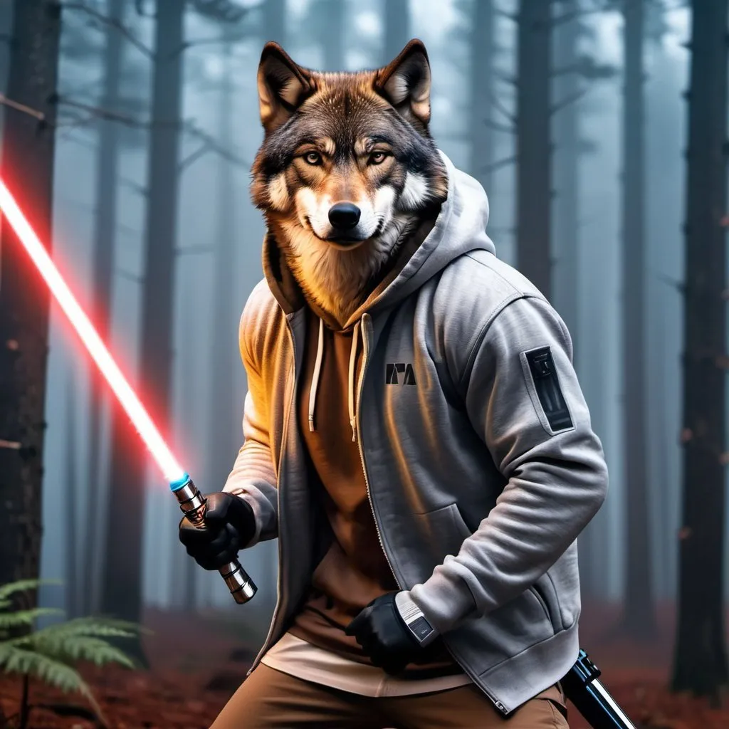 Prompt: Anthapamorphic brown wolf standing in a battle stance, primary weapon is holding two white lightsabers, wearing a grey hoodie, hyper realistic, hyper detailed, night, foggy forest background, 4k, UGH