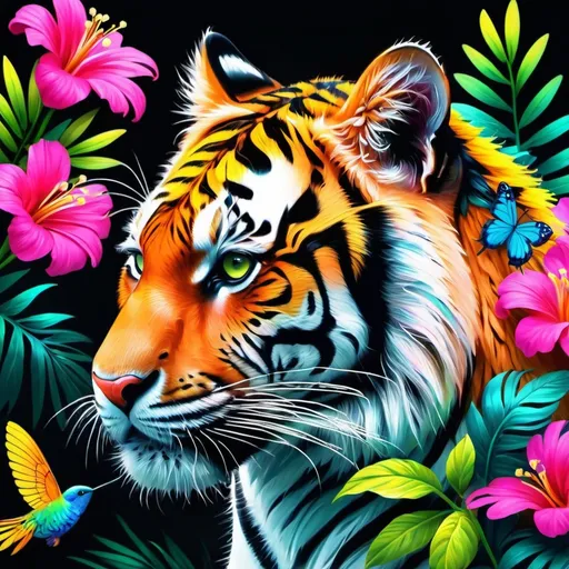Prompt: Make a neon tiger, neon colorful forest, tiger is bright and glowing, beautiful flowers, hyper realistic, hyper detailed, painting, masterpiece, wallpaper, more flowers, some humming birds, 