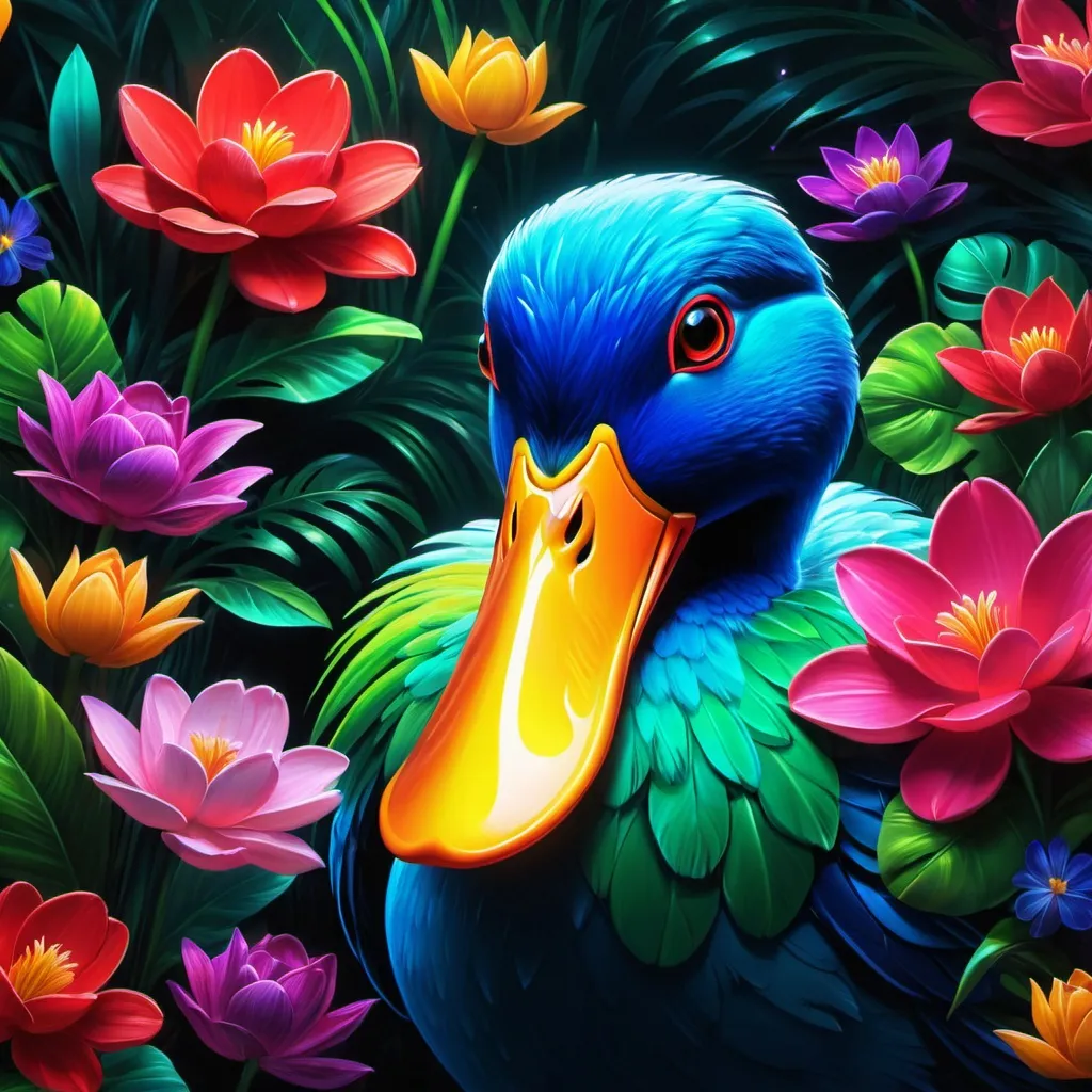 Prompt: Make a neon duck, colorful forest, neon duck is bright and glowing, beautiful flowers, hyper realistic, hyper detailed, painting, masterpiece, wallpaper, more flowers, some humming birds, some red parrots, colorful